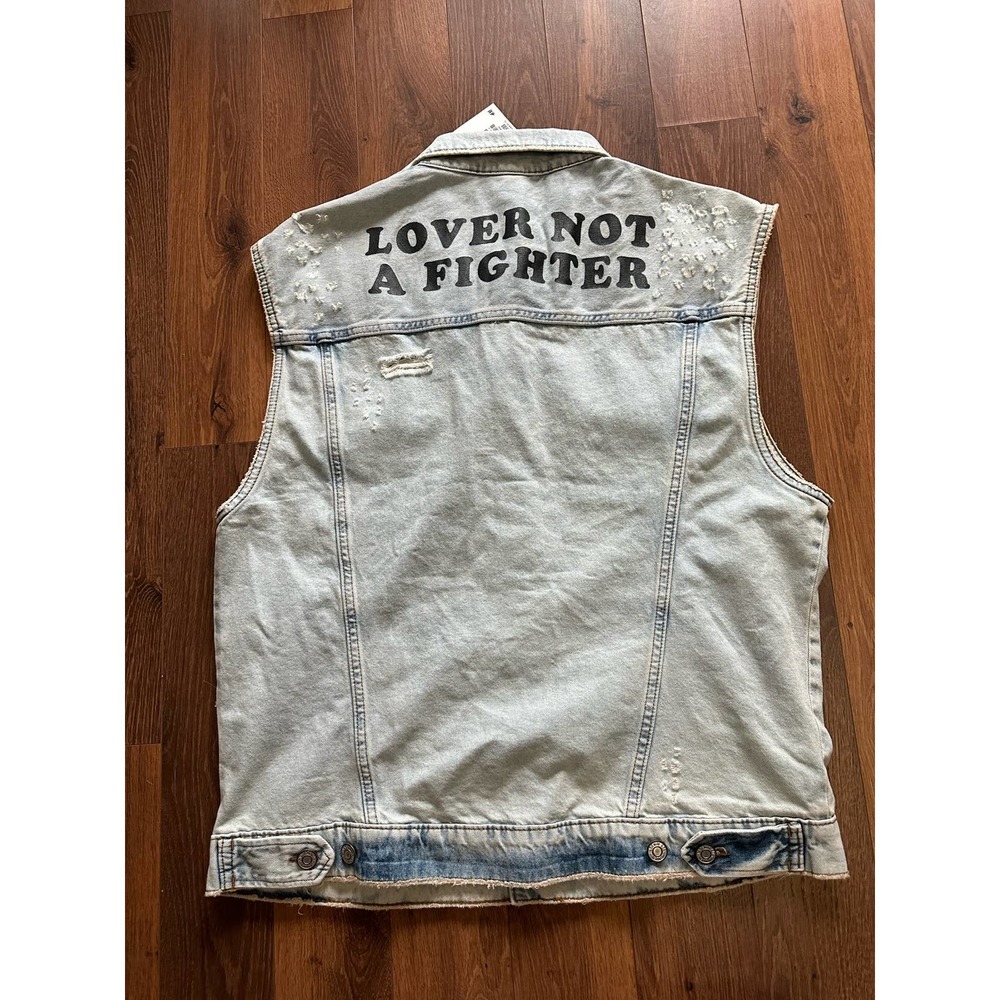 New H&M Denim Vest with Printed Design Light Distressed denim XL - Picture 2 of 10